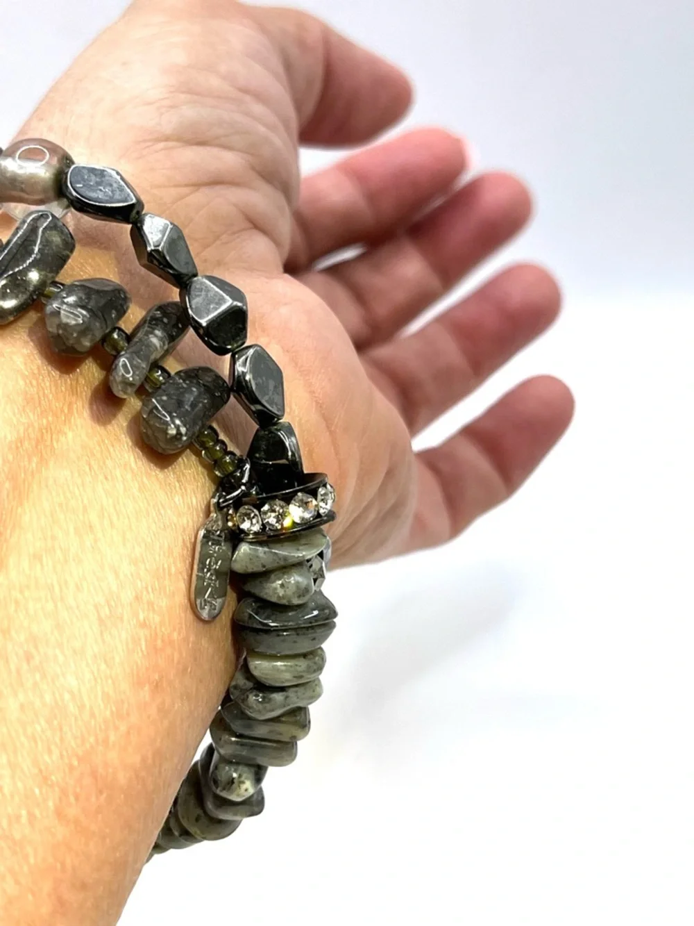 Treska Gray Beaded Silver Stretch Double Bracelet Set Gray Gun Metal Bracelets
